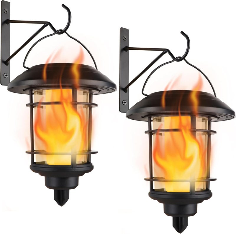 Dynaming Solar Flame Wall Lanterns, Outdoor Solar Wall Hanging Lights, Flickering Flame LED Lights Auto On/Off Wall Mounted Sconce Lights with Hooks, Waterproof for Garage Stair Patio Porch, 2 Pack - Image 1